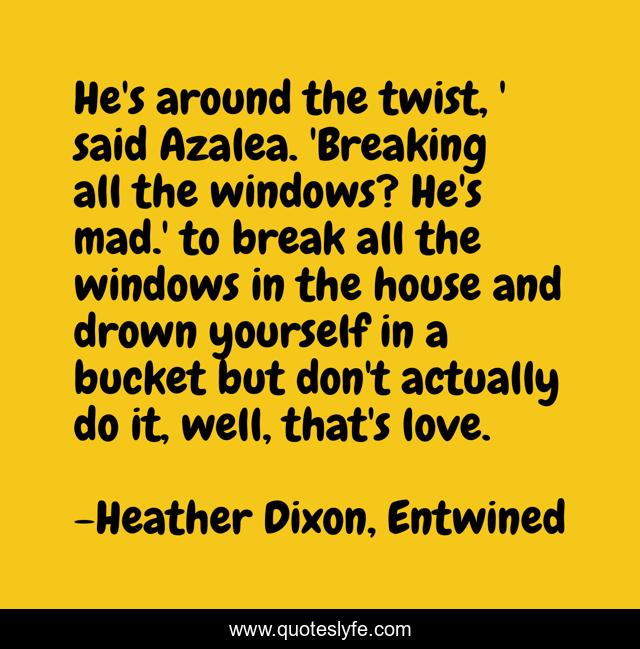He's around the twist, ' said Azalea. 'Breaking all the windows? He's mad.' to break all the windows in the house and drown yourself in a bucket but don't actually do it, well, that's love.