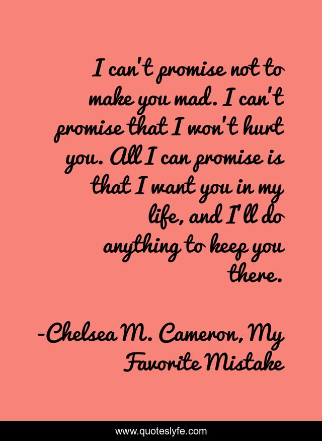 I can't promise not to make you mad. I can't promise that I won't hurt you. All I can promise is that I want you in my life, and I'll do anything to keep you there.