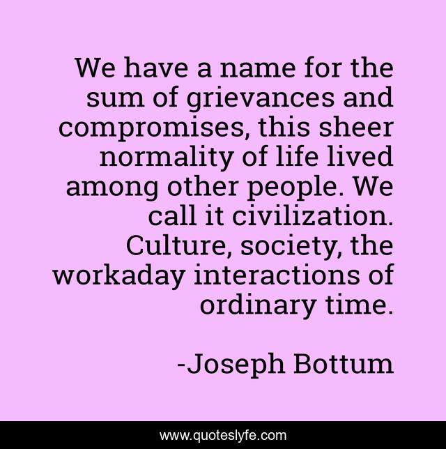 We have a name for the sum of grievances and compromises, this sheer normality of life lived among other people. We call it civilization. Culture, society, the workaday interactions of ordinary time.