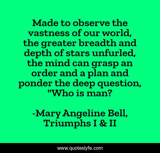 Made to observe the vastness of our world, the greater breadth and depth of stars unfurled, the mind can grasp an order and a plan and ponder the deep question, 