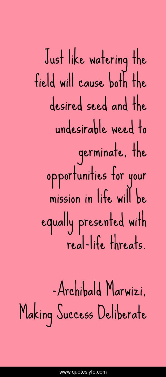 Just like watering the field will cause both the desired seed and the undesirable weed to germinate, the opportunities for your mission in life will be equally presented with real-life threats.