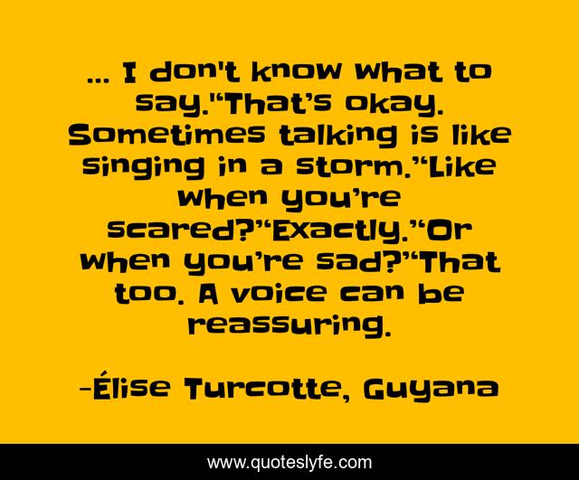 … I don't know what to say.'‘That’s okay. Sometimes talking is like singing in a storm.’‘Like when you’re scared?’‘Exactly.’‘Or when you’re sad?’‘That too. A voice can be reassuring.