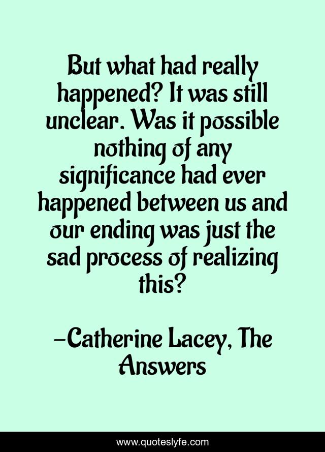 But what had really happened? It was still unclear. Was it possible nothing of any significance had ever happened between us and our ending was just the sad process of realizing this?