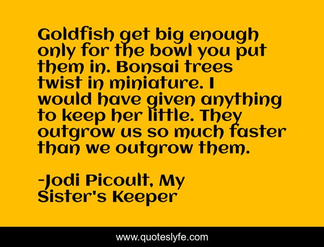 Goldfish get big enough only for the bowl you put them in. Bonsai trees twist in miniature. I would have given anything to keep her little. They outgrow us so much faster than we outgrow them.