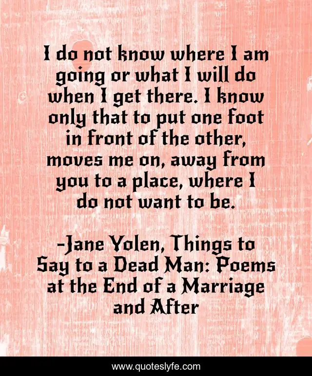 I do not know where I am going or what I will do when I get there. I know only that to put one foot in front of the other, moves me on, away from you to a place, where I do not want to be.