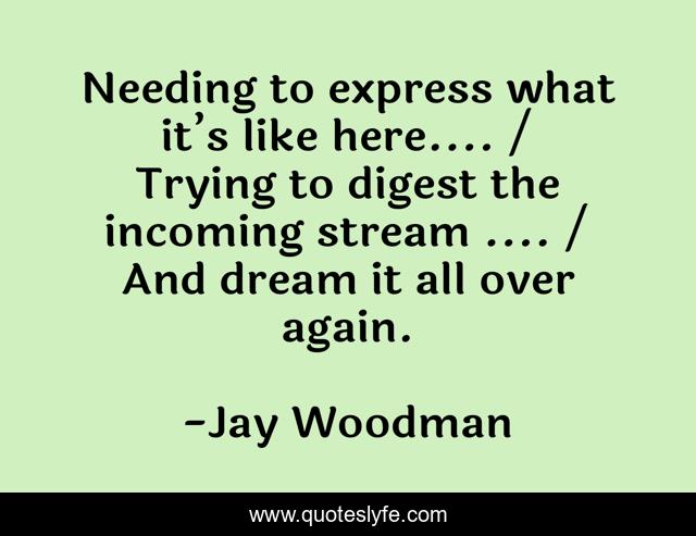 Needing to express what it’s like here.... / Trying to digest the incoming stream .... / And dream it all over again.