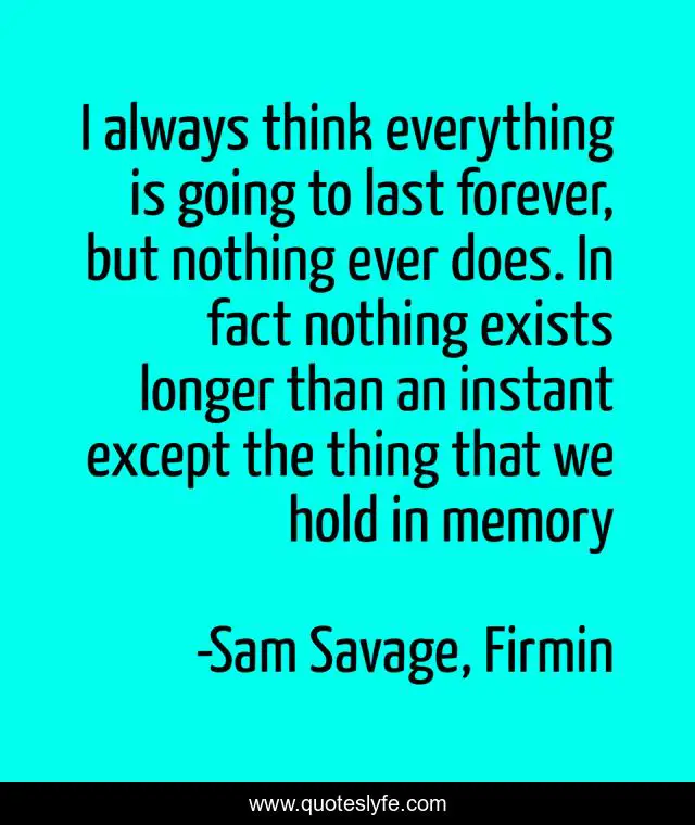 I always think everything is going to last forever, but nothing ever does. In fact nothing exists longer than an instant except the thing that we hold in memory