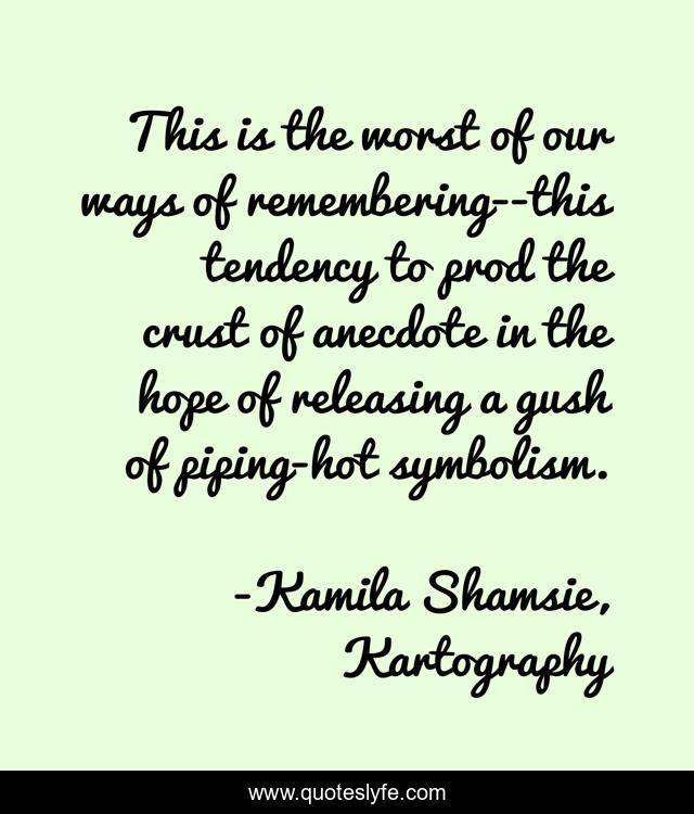 This is the worst of our ways of remembering--this tendency to prod the crust of anecdote in the hope of releasing a gush of piping-hot symbolism.