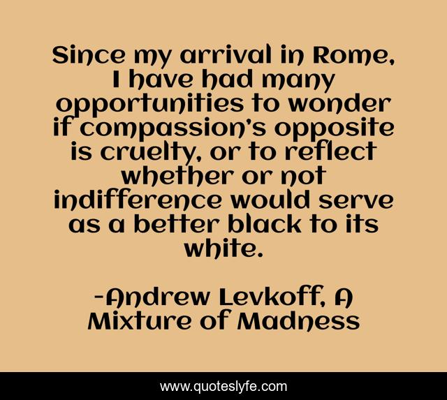Since my arrival in Rome, I have had many opportunities to wonder if compassion’s opposite is cruelty, or to reflect whether or not indifference would serve as a better black to its white.