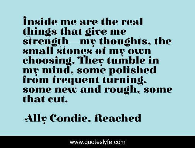 Inside me are the real things that give me strength—my thoughts, the small stones of my own choosing. They tumble in my mind, some polished from frequent turning, some new and rough, some that cut.