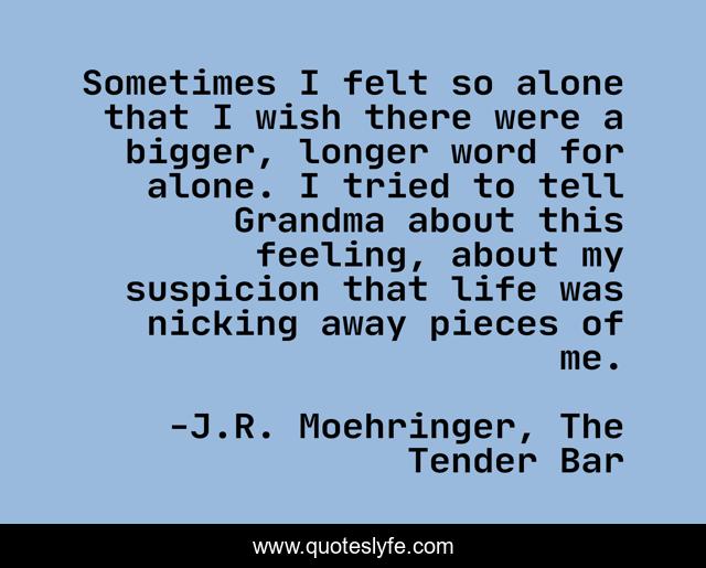 Sometimes I felt so alone that I wish there were a bigger, longer word for alone. I tried to tell Grandma about this feeling, about my suspicion that life was nicking away pieces of me.