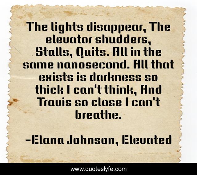 The lights disappear, The elevator shudders, Stalls, Quits. All in the same nanosecond. All that exists is darkness so thick I can't think, And Travis so close I can't breathe.