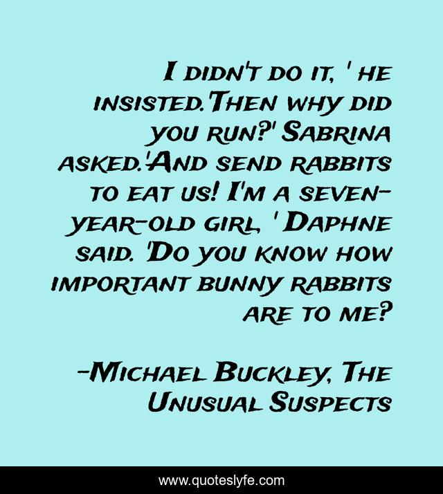 I didn't do it, ' he insisted.'Then why did you run?' Sabrina asked.'And send rabbits to eat us! I'm a seven-year-old girl, ' Daphne said. 'Do you know how important bunny rabbits are to me?