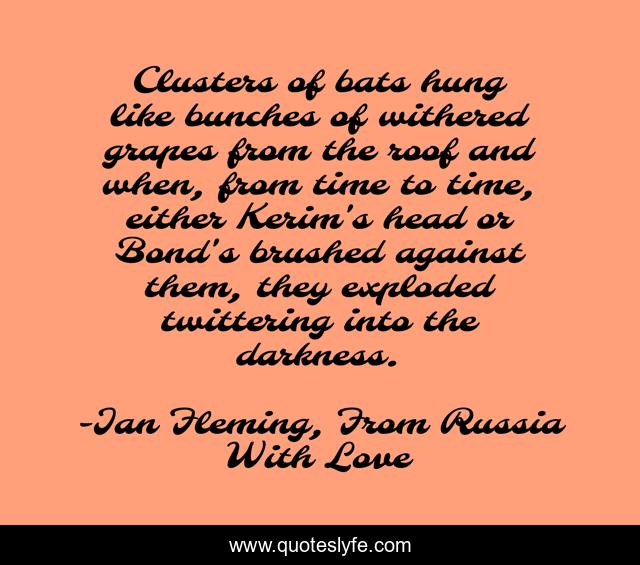 Clusters of bats hung like bunches of withered grapes from the roof and when, from time to time, either Kerim's head or Bond's brushed against them, they exploded twittering into the darkness.
