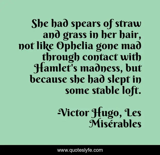 She had spears of straw and grass in her hair, not like Ophelia gone mad through contact with Hamlet's madness, but because she had slept in some stable loft.