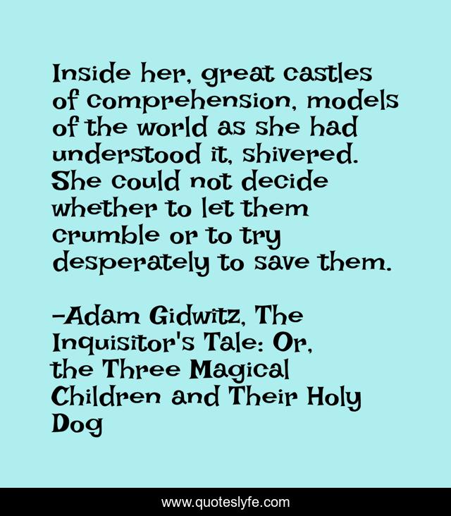 Inside her, great castles of comprehension, models of the world as she had understood it, shivered. She could not decide whether to let them crumble or to try desperately to save them.