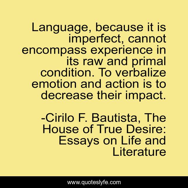 Language, because it is imperfect, cannot encompass experience in its raw and primal condition. To verbalize emotion and action is to decrease their impact.