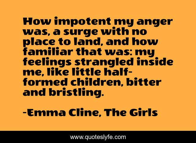 How impotent my anger was, a surge with no place to land, and how familiar that was: my feelings strangled inside me, like little half-formed children, bitter and bristling.