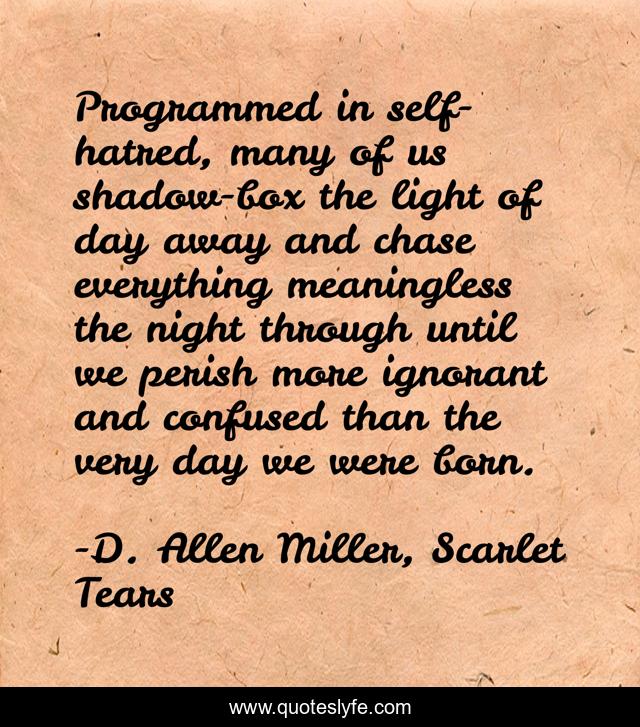 Programmed in self-hatred, many of us shadow-box the light of day away and chase everything meaningless the night through until we perish more ignorant and confused than the very day we were born.