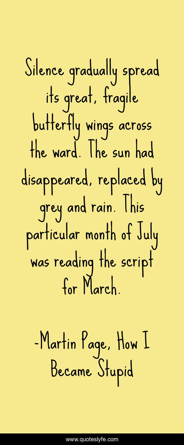 Silence gradually spread its great, fragile butterfly wings across the ward. The sun had disappeared, replaced by grey and rain. This particular month of July was reading the script for March.