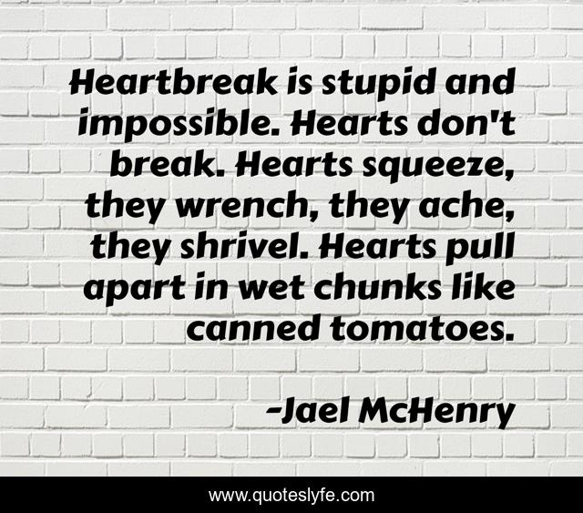 Heartbreak is stupid and impossible. Hearts don't break. Hearts squeeze, they wrench, they ache, they shrivel. Hearts pull apart in wet chunks like canned tomatoes.