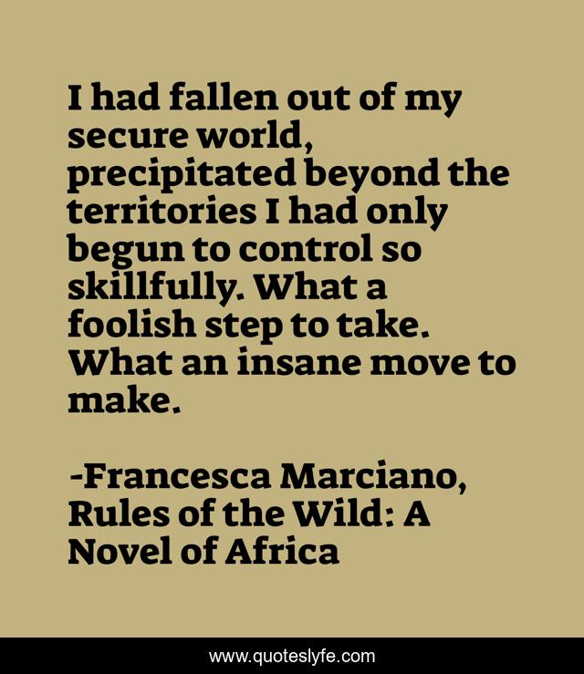 I had fallen out of my secure world, precipitated beyond the territories I had only begun to control so skillfully. What a foolish step to take. What an insane move to make.