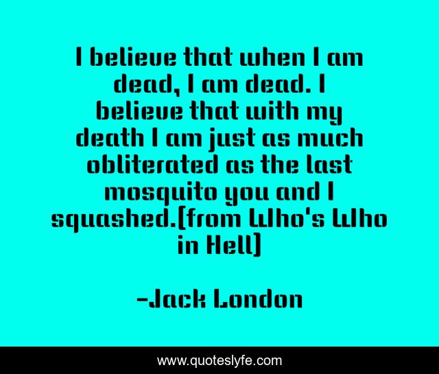 I believe that when I am dead, I am dead. I believe that with my death I am just as much obliterated as the last mosquito you and I squashed.(from Who's Who in Hell)