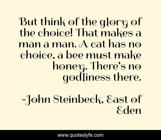 But think of the glory of the choice! That makes a man a man. A cat has no choice, a bee must make honey. There's no godliness there.