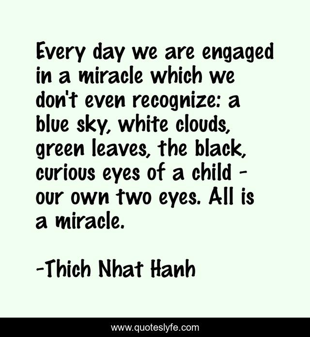 Every day we are engaged in a miracle which we don't even recognize: a blue sky, white clouds, green leaves, the black, curious eyes of a child - our own two eyes. All is a miracle.