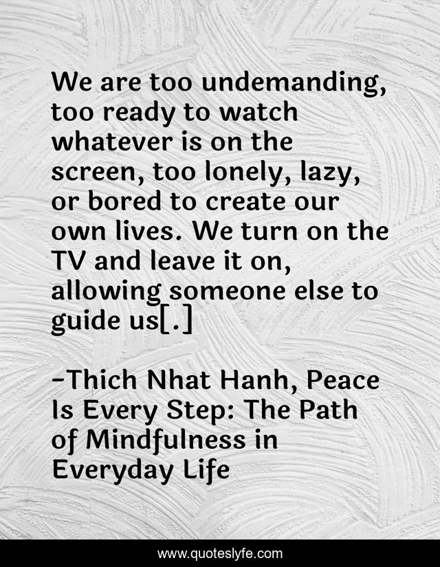 We are too undemanding, too ready to watch whatever is on the screen, too lonely, lazy, or bored to create our own lives. We turn on the TV and leave it on, allowing someone else to guide us[.]
