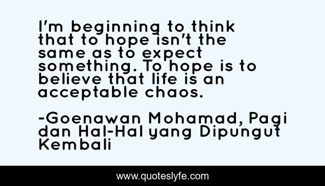 I'm beginning to think that to hope isn't the same as to expect something. To hope is to believe that life is an acceptable chaos.