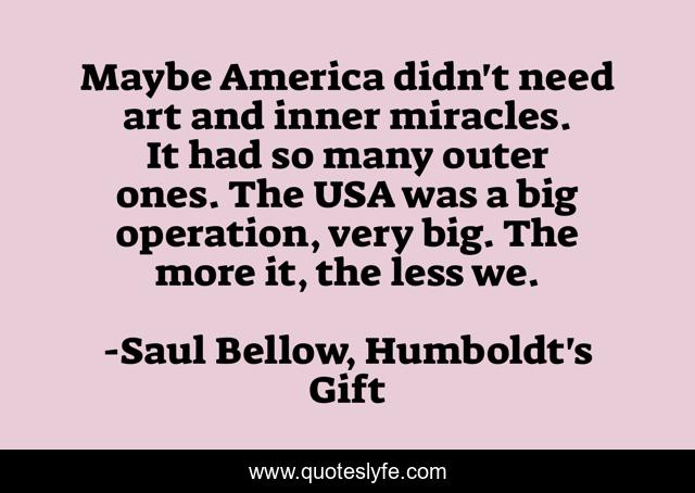 Maybe America didn't need art and inner miracles. It had so many outer ones. The USA was a big operation, very big. The more it, the less we.