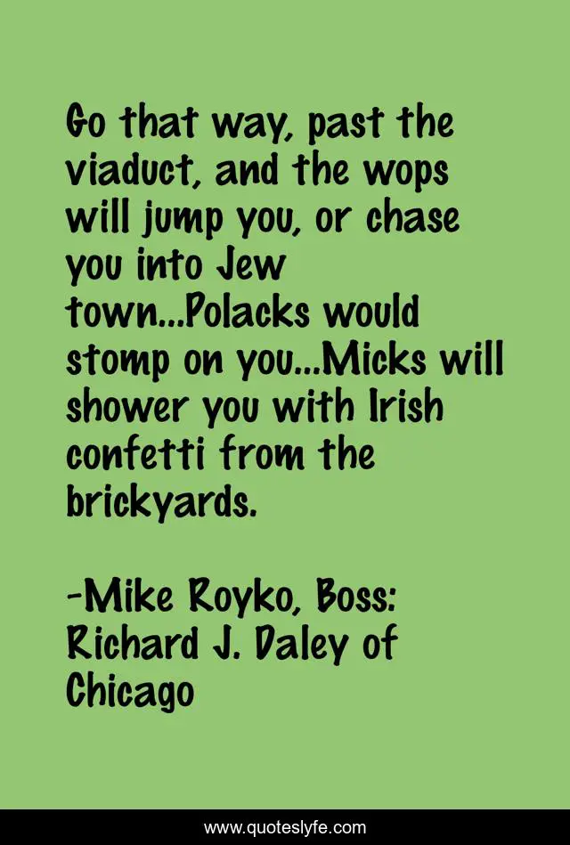 Go that way, past the viaduct, and the wops will jump you, or chase you into Jew town...Polacks would stomp on you...Micks will shower you with Irish confetti from the brickyards.