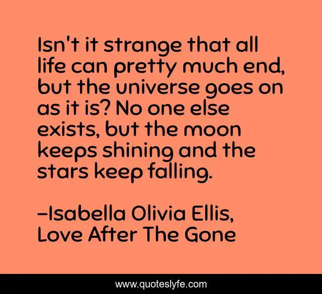 Isn't it strange that all life can pretty much end, but the universe goes on as it is? No one else exists, but the moon keeps shining and the stars keep falling.