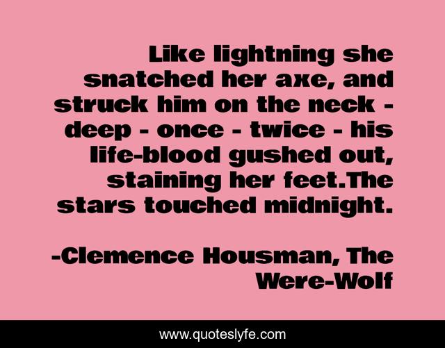 Like lightning she snatched her axe, and struck him on the neck - deep - once - twice - his life-blood gushed out, staining her feet.The stars touched midnight.
