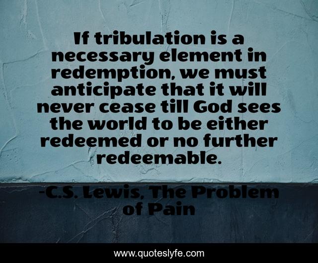 If tribulation is a necessary element in redemption, we must anticipate that it will never cease till God sees the world to be either redeemed or no further redeemable.