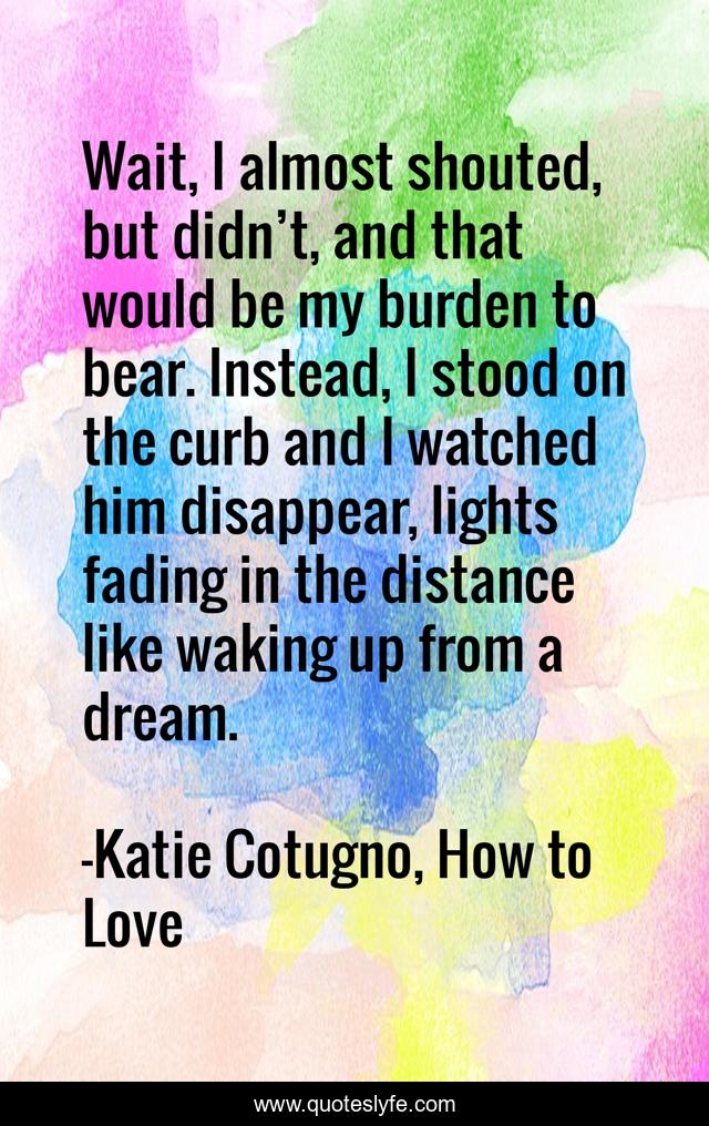 Wait, I almost shouted, but didn’t, and that would be my burden to bear. Instead, I stood on the curb and I watched him disappear, lights fading in the distance like waking up from a dream.