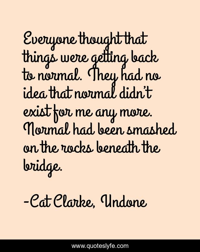 Everyone thought that things were getting back to normal. They had no idea that normal didn’t exist for me any more. Normal had been smashed on the rocks beneath the bridge.