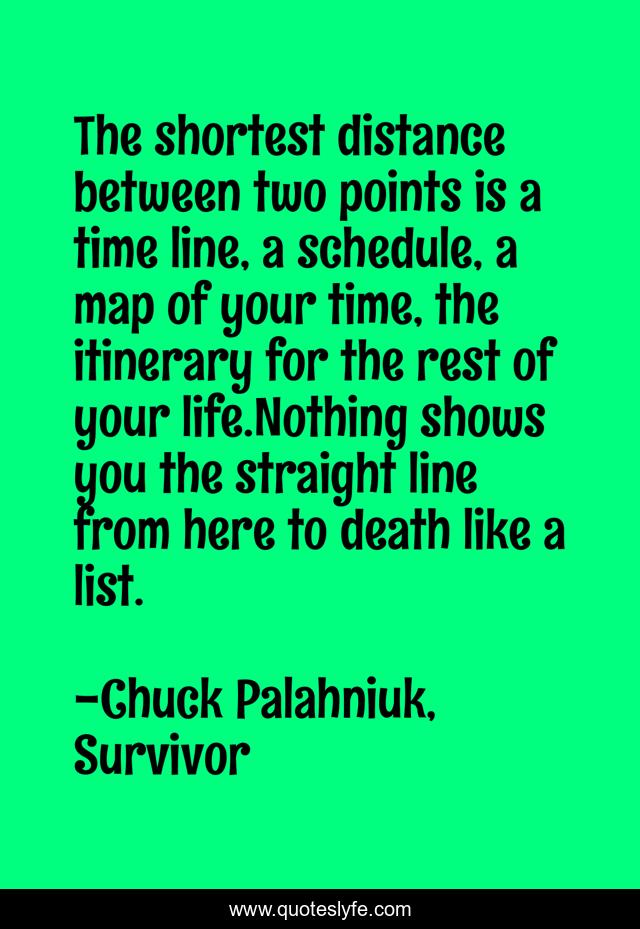 The shortest distance between two points is a time line, a schedule, a map of your time, the itinerary for the rest of your life.Nothing shows you the straight line from here to death like a list.