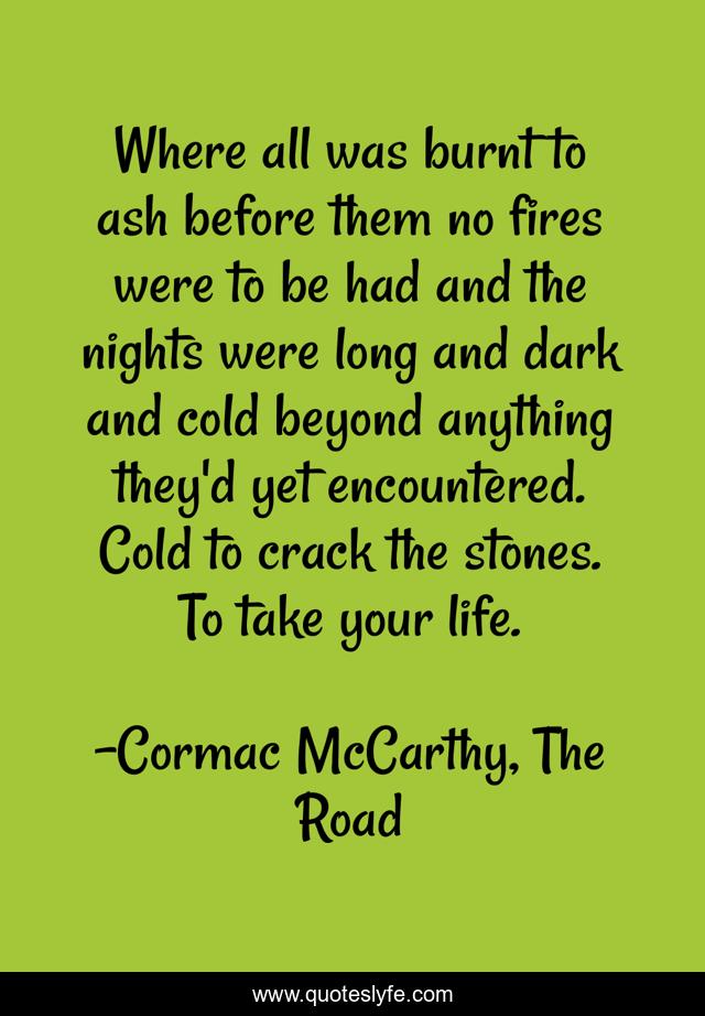 Where all was burnt to ash before them no fires were to be had and the nights were long and dark and cold beyond anything they'd yet encountered. Cold to crack the stones. To take your life.