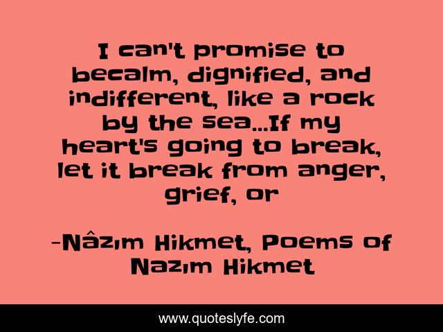 I can't promise to becalm, dignified, and indifferent, like a rock by the sea...If my heart's going to break, let it break from anger, grief, or