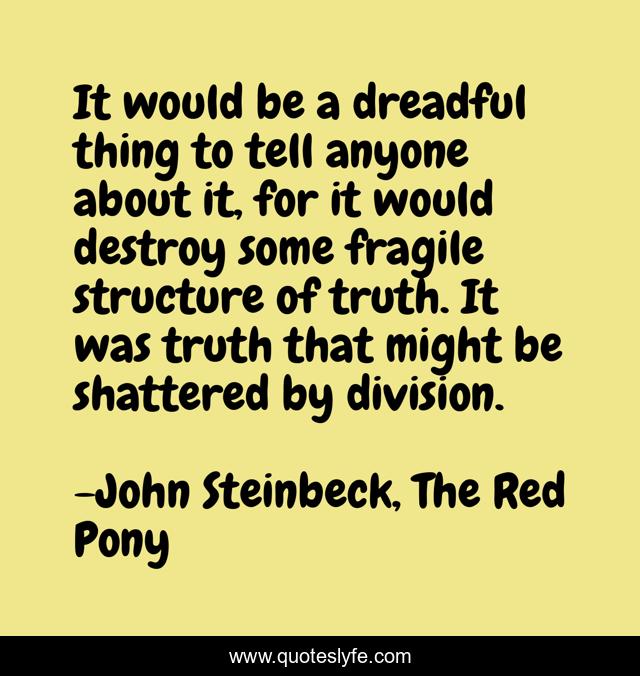 It would be a dreadful thing to tell anyone about it, for it would destroy some fragile structure of truth. It was truth that might be shattered by division.
