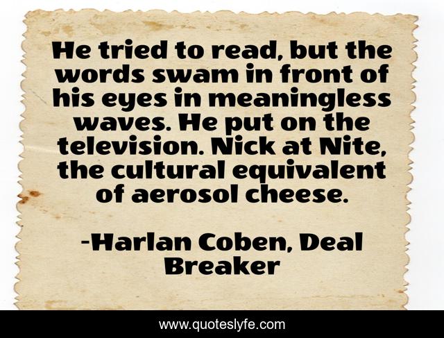 He tried to read, but the words swam in front of his eyes in meaningless waves. He put on the television. Nick at Nite, the cultural equivalent of aerosol cheese.