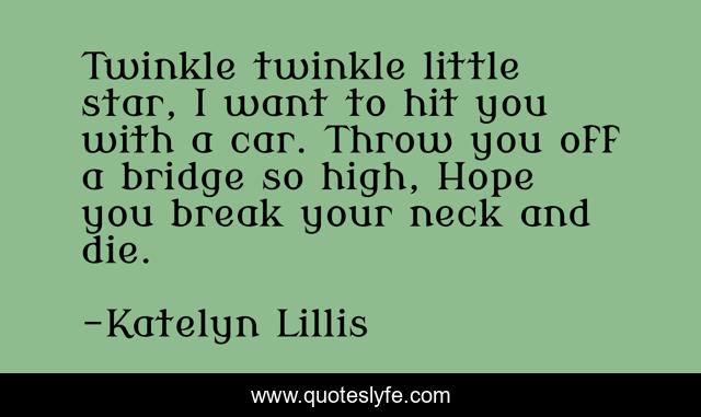 Twinkle twinkle little star, I want to hit you with a car. Throw you off a bridge so high, Hope you break your neck and die.