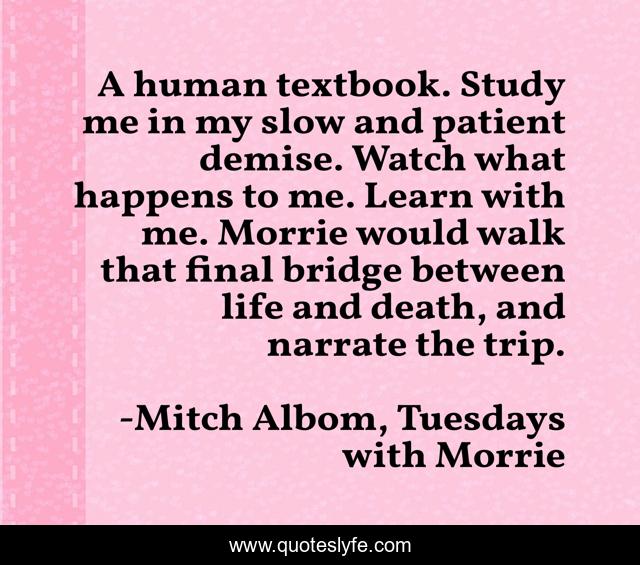 A human textbook. Study me in my slow and patient demise. Watch what happens to me. Learn with me. Morrie would walk that final bridge between life and death, and narrate the trip.