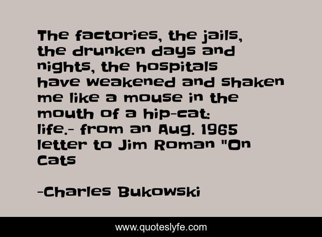 The factories, the jails, the drunken days and nights, the hospitals have weakened and shaken me like a mouse in the mouth of a hip-cat: life.- from an Aug. 1965 letter to Jim Roman 