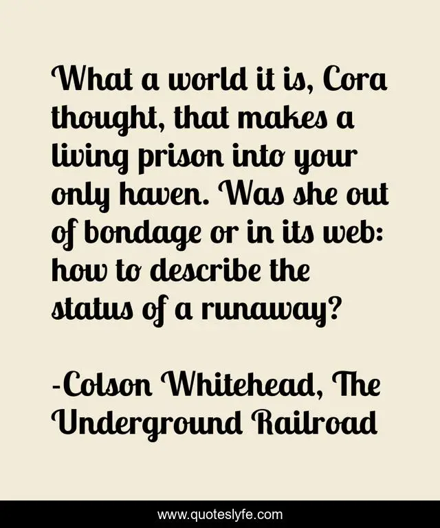 What a world it is, Cora thought, that makes a living prison into your only haven. Was she out of bondage or in its web: how to describe the status of a runaway?