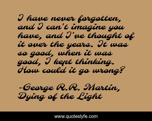 I have never forgotten, and I can't imagine you have, and I've thought of it over the years. It was so good, when it was good, I kept thinking. How could it go wrong?