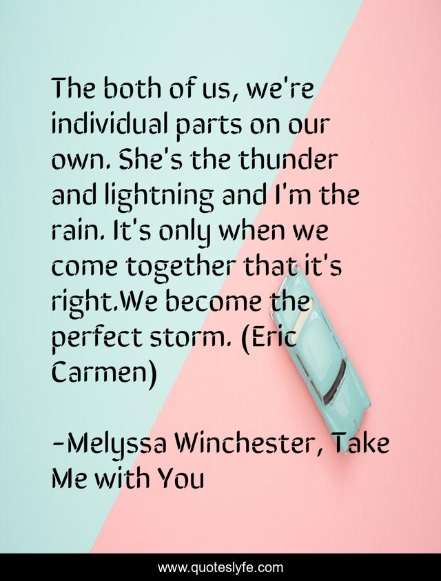 The both of us, we're individual parts on our own. She's the thunder and lightning and I'm the rain. It's only when we come together that it's right.We become the perfect storm. (Eric Carmen)