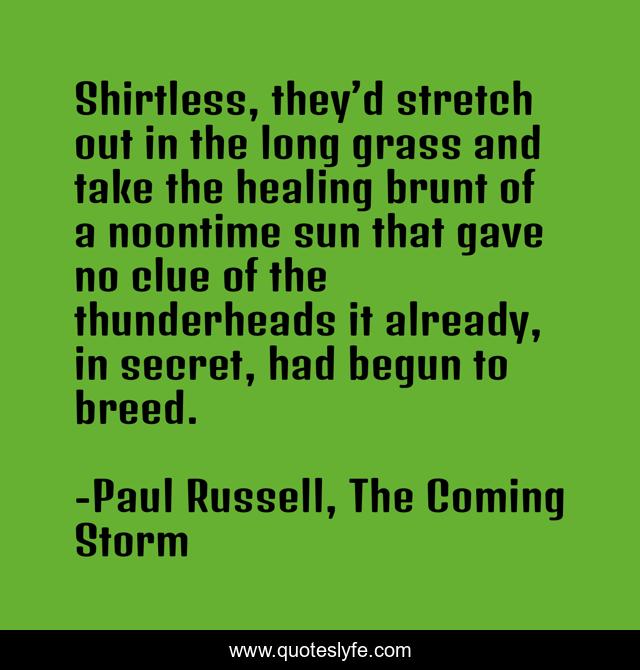 Shirtless, they’d stretch out in the long grass and take the healing brunt of a noontime sun that gave no clue of the thunderheads it already, in secret, had begun to breed.